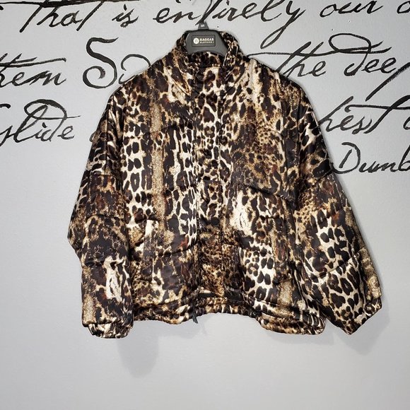 Cousin Earl 'Cooper' Leopard Puffer Satin Jacket, L - Picture 1 of 11